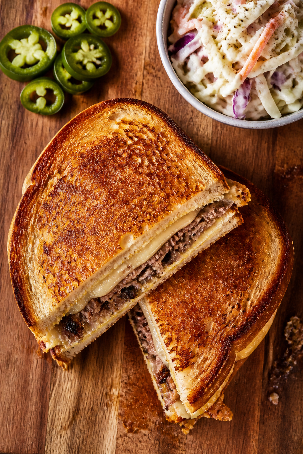 Tasty overhead spread: Top-down shot of a just-finished BBQ brisket grilled cheese resting on a wood