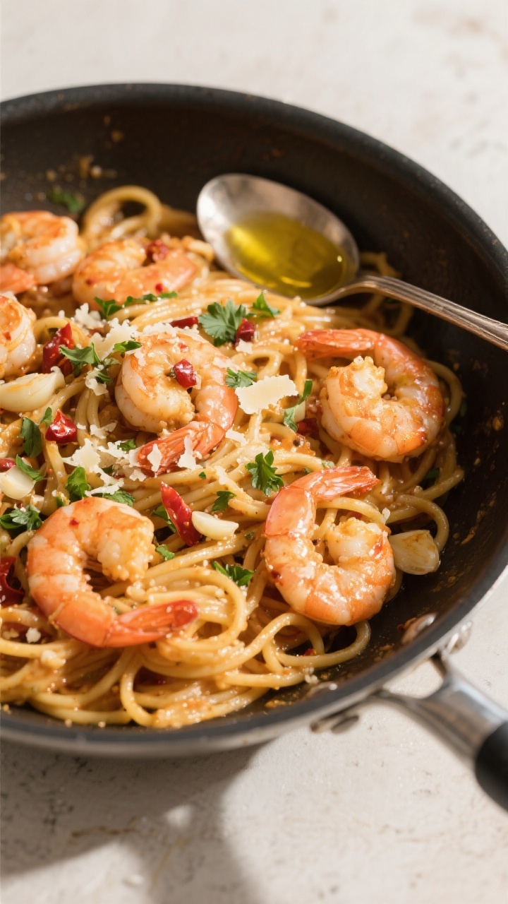 Tasty overhead top view: Overhead shot of the completed shrimp pasta in a large shallow skillet, sho