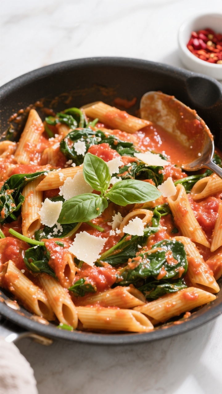 Tasty overhead top view: Overhead shot of the pasta just after tossing in the skillet—al dente pen