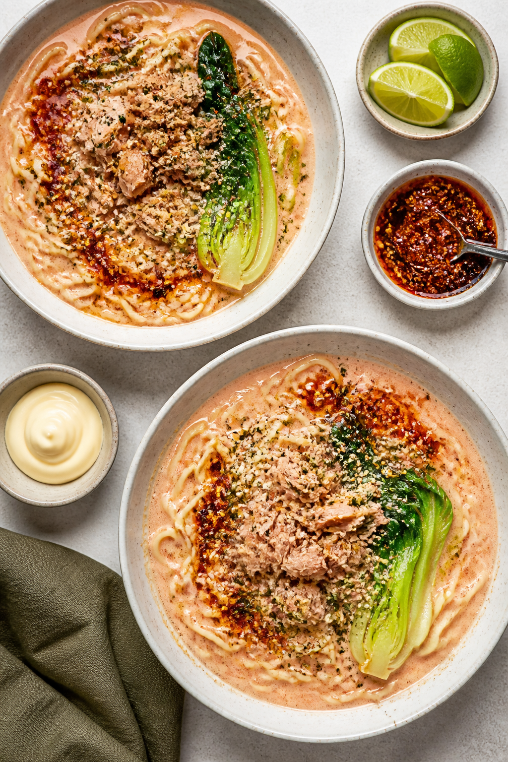 Tasty overhead top view: Overhead shot of two ramen bowls on a light stone surface—creamy, slightl