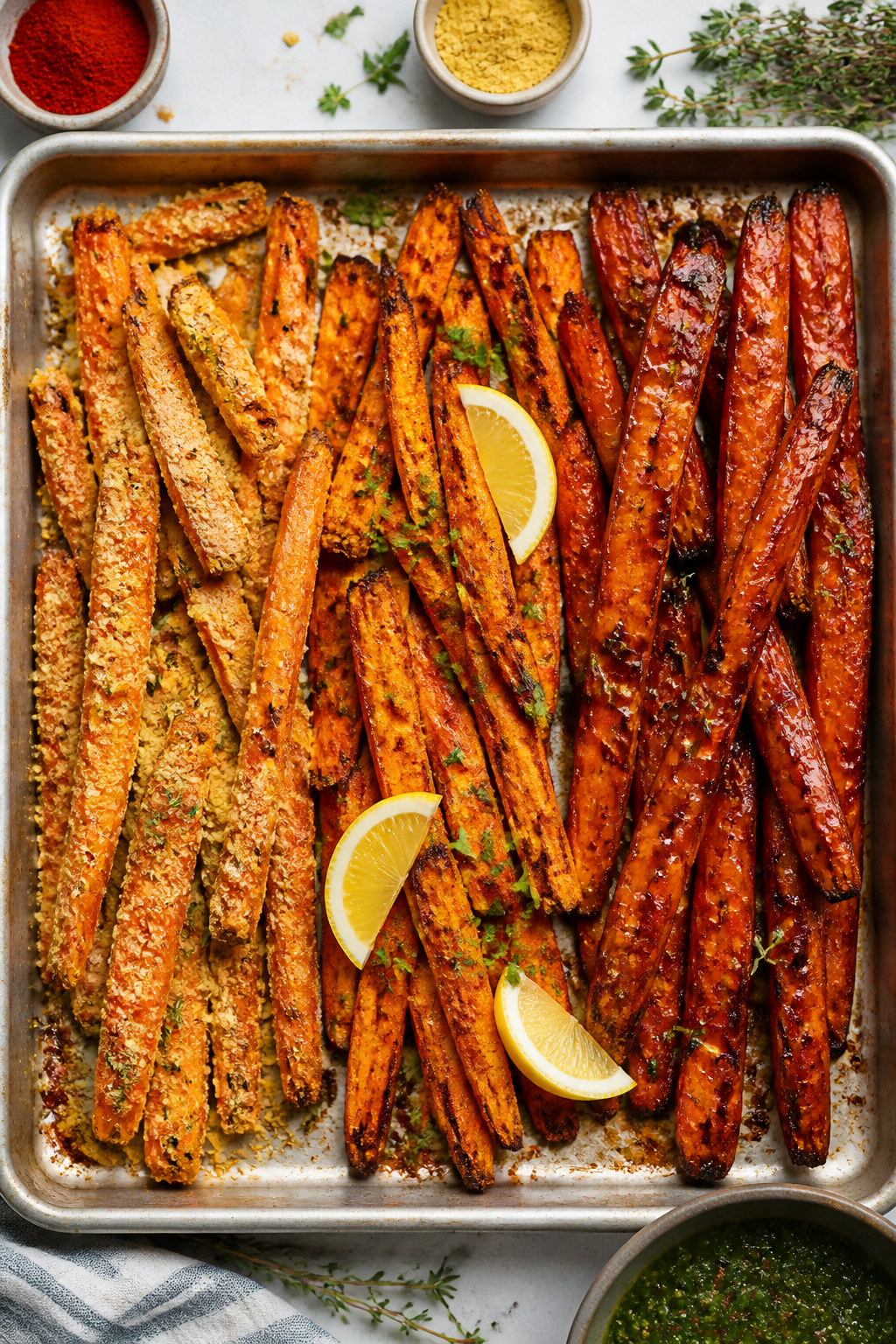 Tasty overhead variation board: Top-down shot of a sheet pan trio showcasing finishes—left: Herb-P