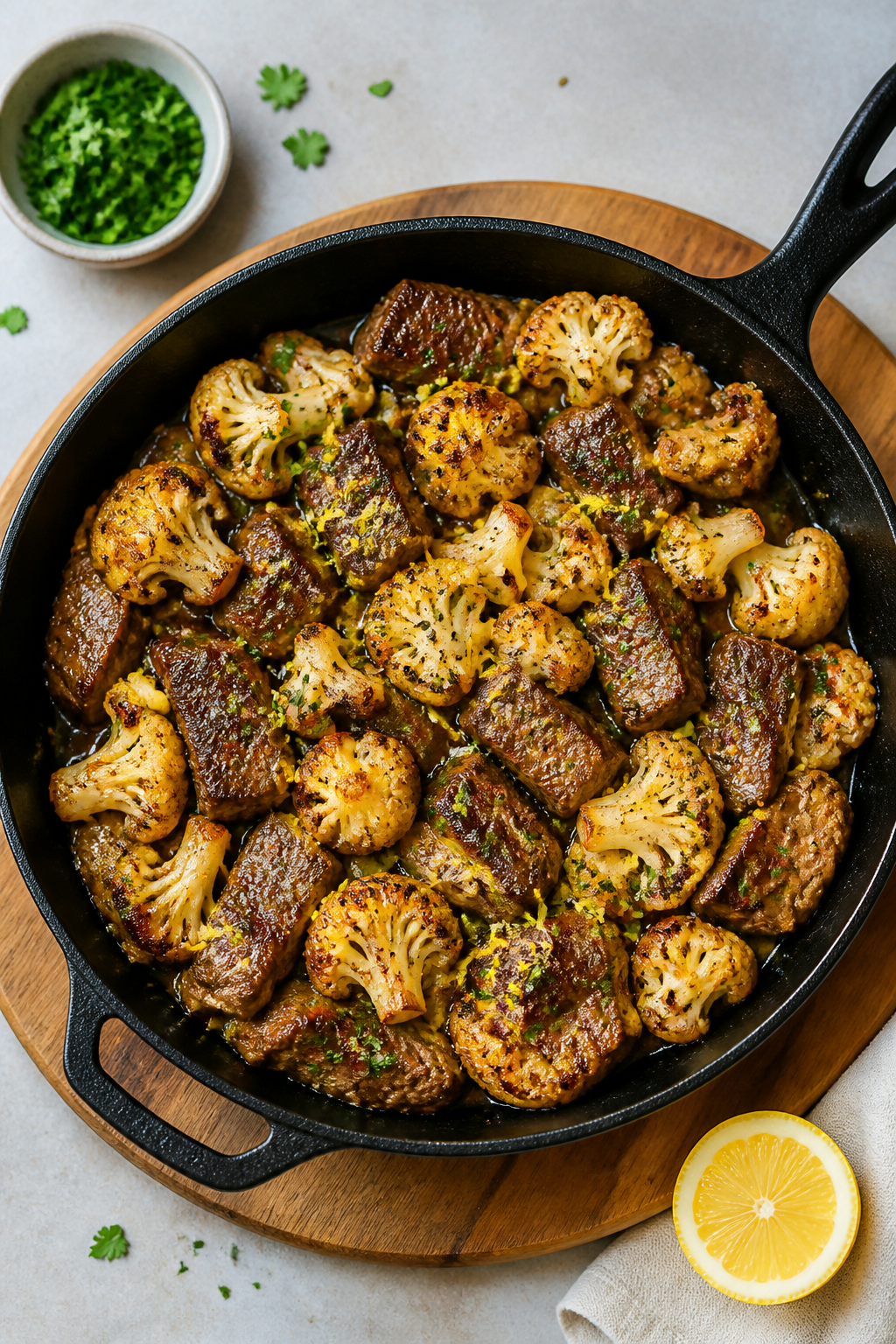 Tasty top-down hero: Overhead shot of the entire skillet on a wooden board, steak and cauliflower ev