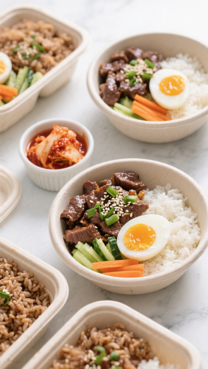 Tasty top-down meal-prep spread: Overhead shot of multiple assembled bowls and containers showing va