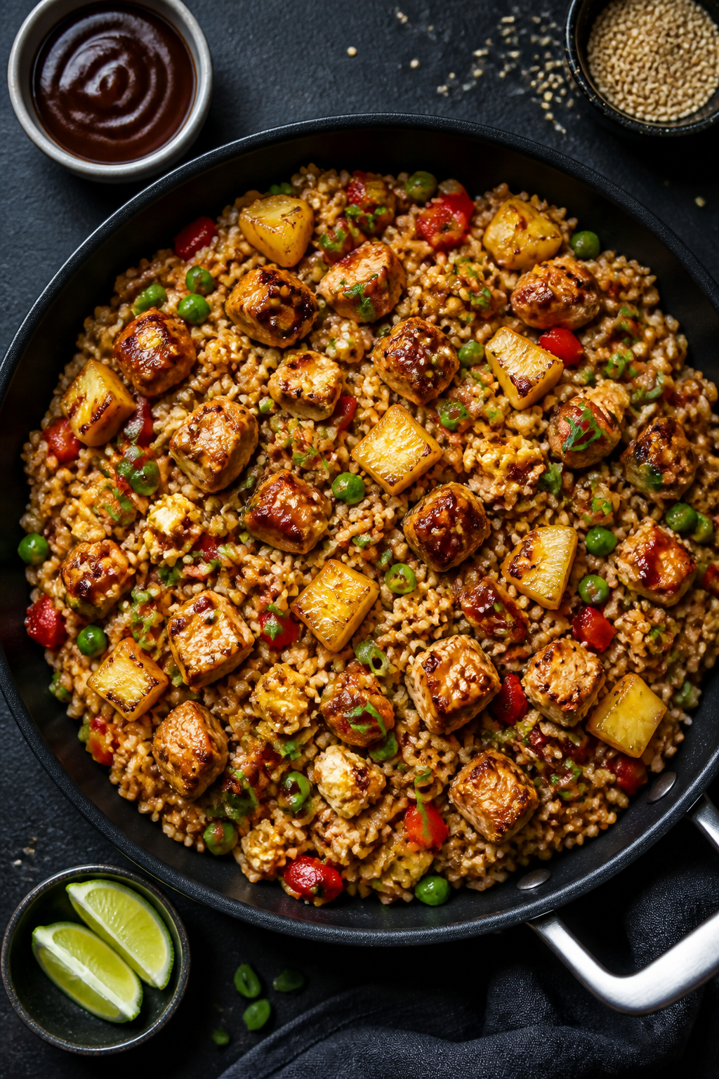 Tasty top-down: Overhead shot of the finished fried rice in a large skillet, styled for serving. Eve