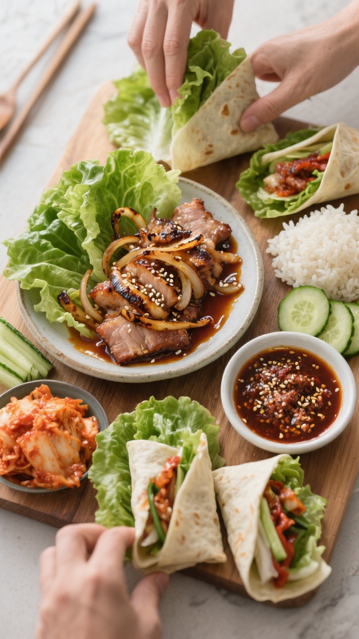 Tasty top-down wrap assembly: Overhead shot of DIY ssam (lettuce wraps) board with cooked Korean Spi
