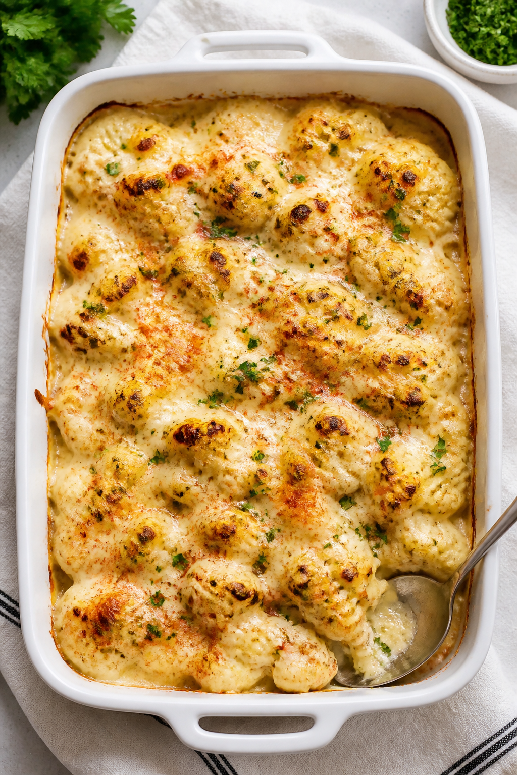 Tasty top view, assembly/bake: Overhead shot of the creamy cauliflower chicken bake just out of the 