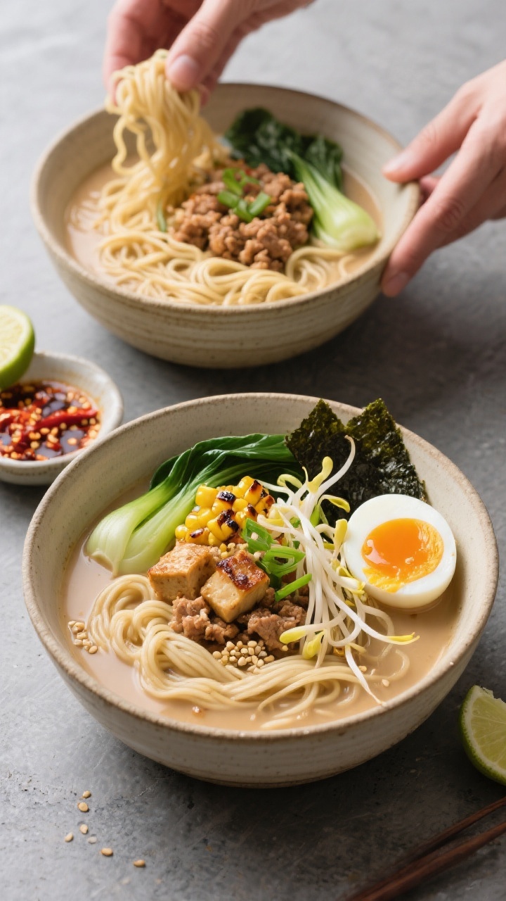 Tasty top view, assembly moment: Overhead shot of ramen bowls mid-assembly—springy cooked noodles