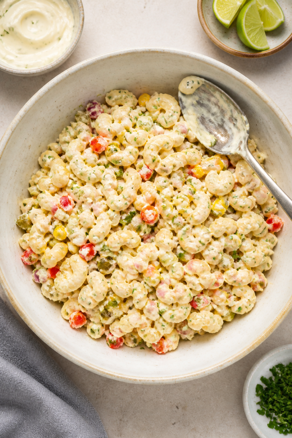 Tasty top view — assembly of the macaroni salad base: Overhead shot of a large mixing bowl filled 