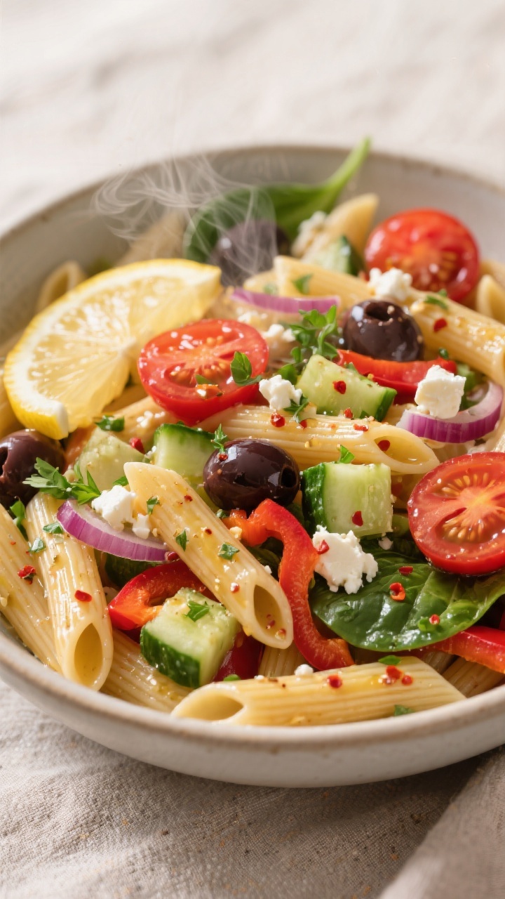 Tasty top view, assembly stage: Overhead shot of a large bowl of warm al dente penne just tossed wit