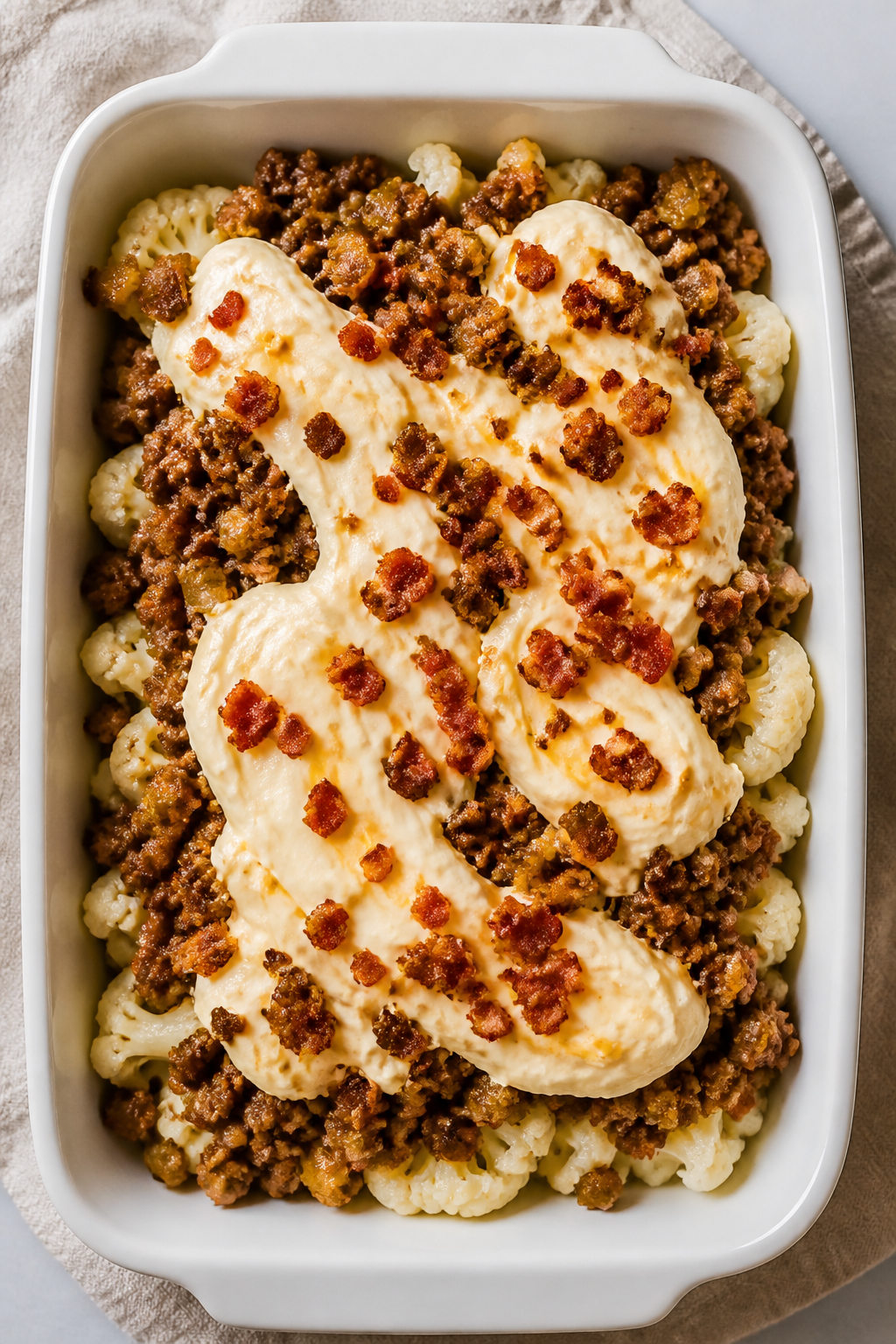 Tasty top view, assembly stage: Overhead shot of the Keto Bacon Cheeseburger Cauliflower Bake mid-as