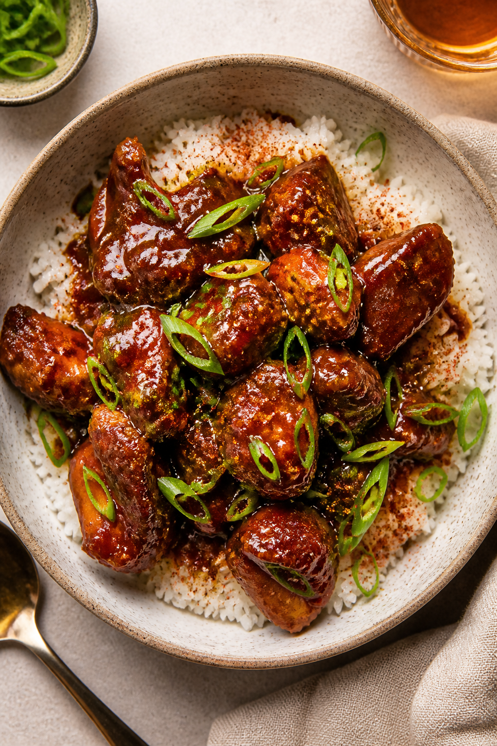 Tasty top view bowl: Overhead shot of a dinner bowl featuring saucy root beer BBQ chicken spooned ov