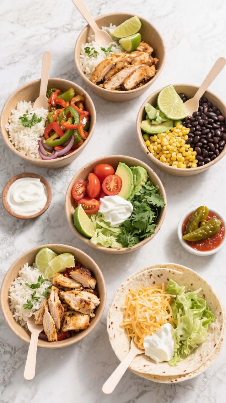 Tasty top view, build-your-own spread: Overhead shot of a DIY chicken burrito bowl setup on a light 