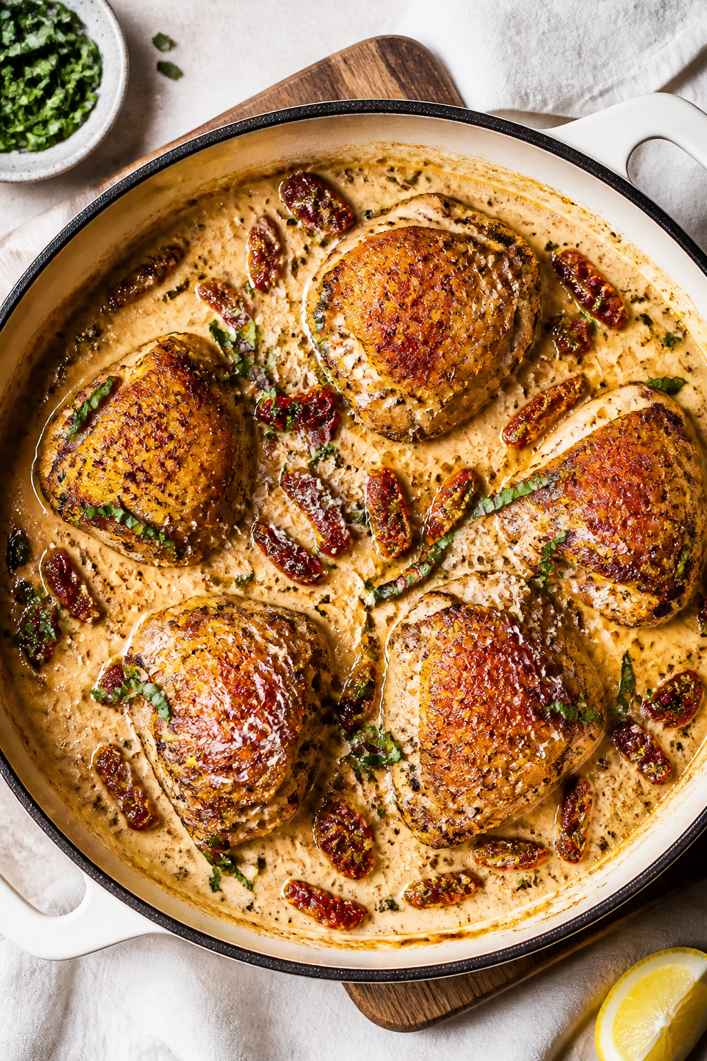 Tasty top view, casserole in pan: Overhead shot of the finished Marry Me Chicken Thigh Casserole jus