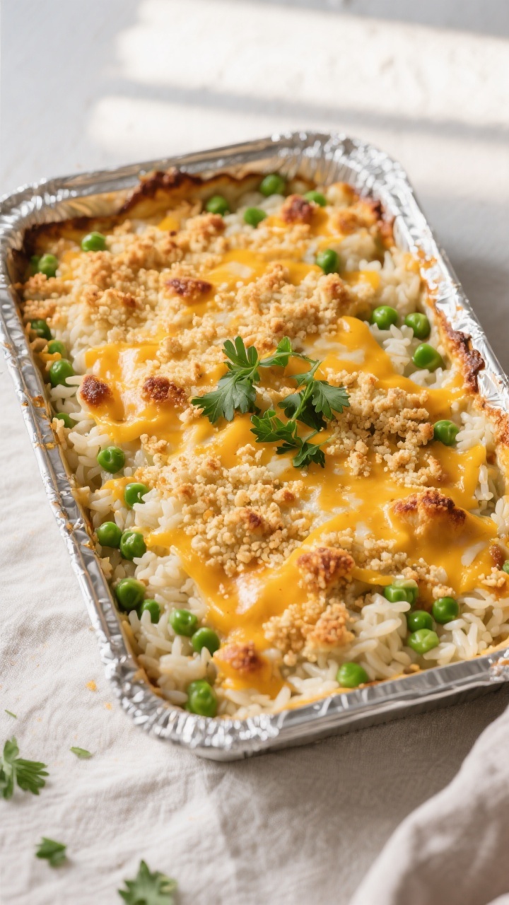 Tasty top view — casserole just baked, melty-cheesy topping: Overhead shot of the casserole in a 9