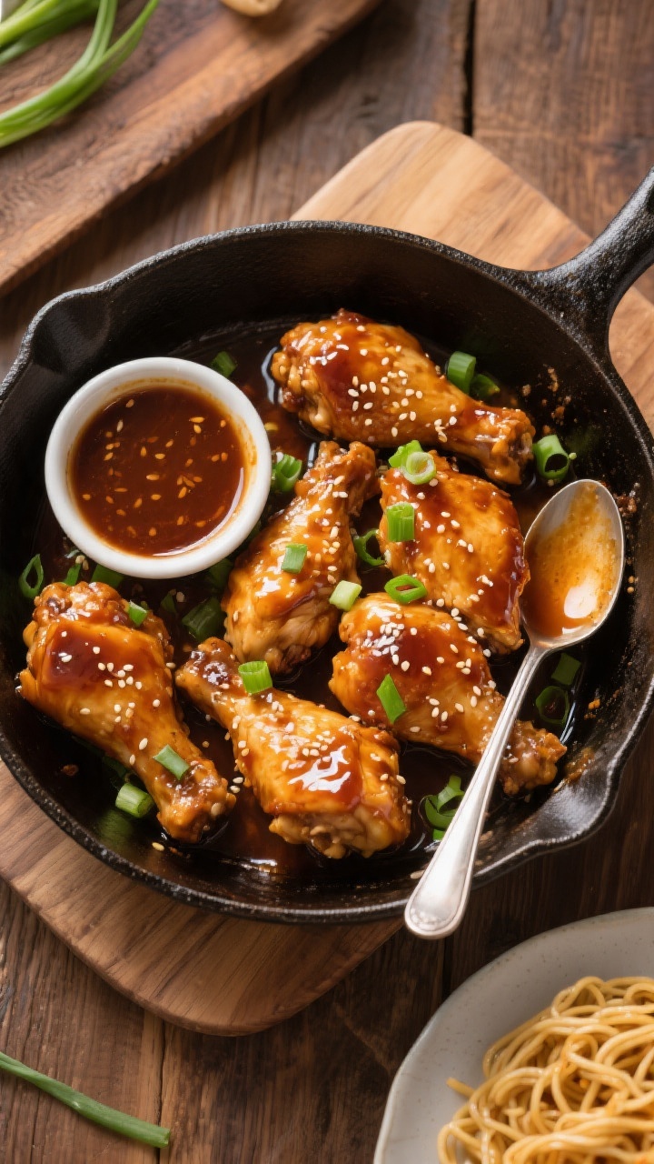 Tasty top view, complete meal: Overhead shot of a one-pan finish—chicken pieces fully coated in a 