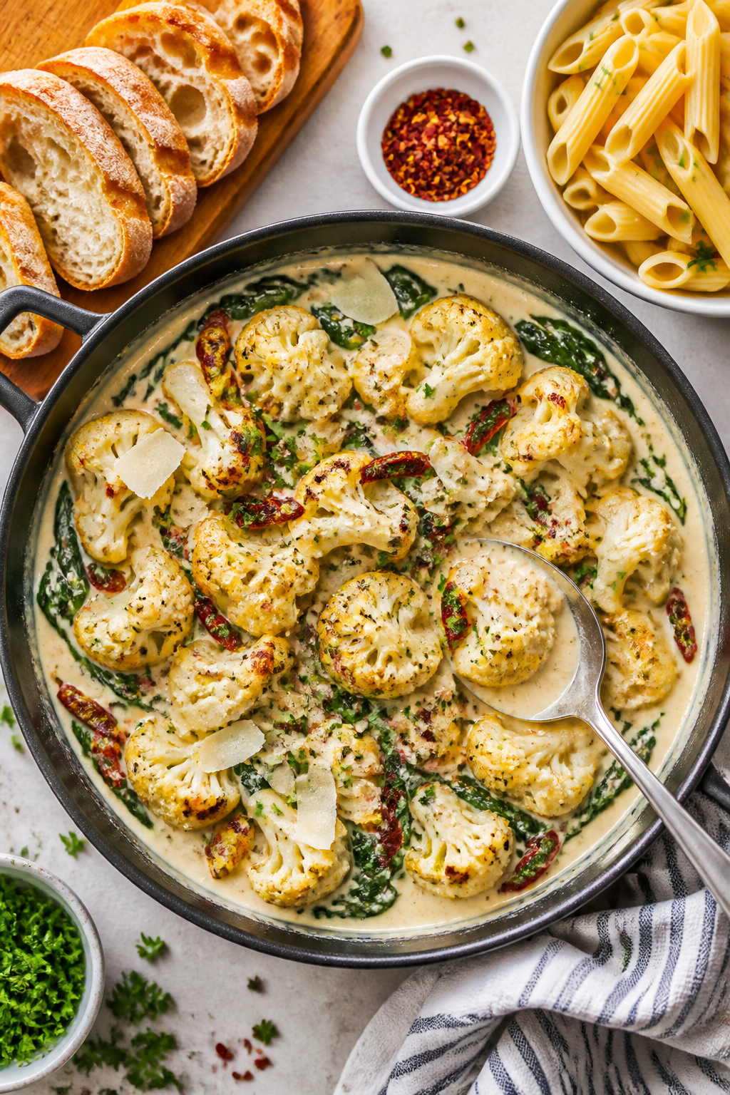 Tasty top-view, family-style: Overhead shot of the finished creamy Tuscan cauliflower served straigh