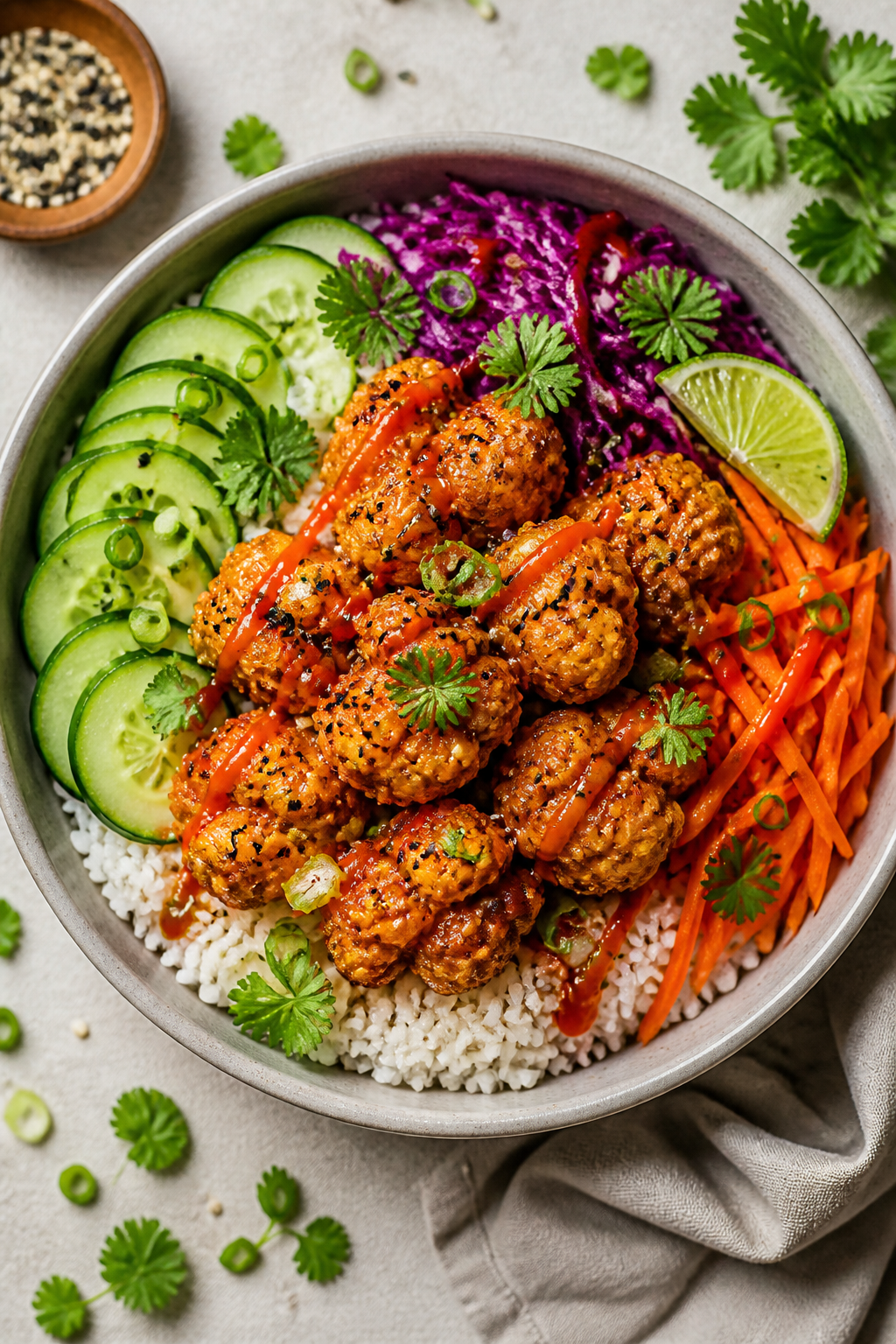 Tasty top view final bowl: Overhead shot of a composed Bang Bang Cauliflower Bowl—fluffy jasmine r