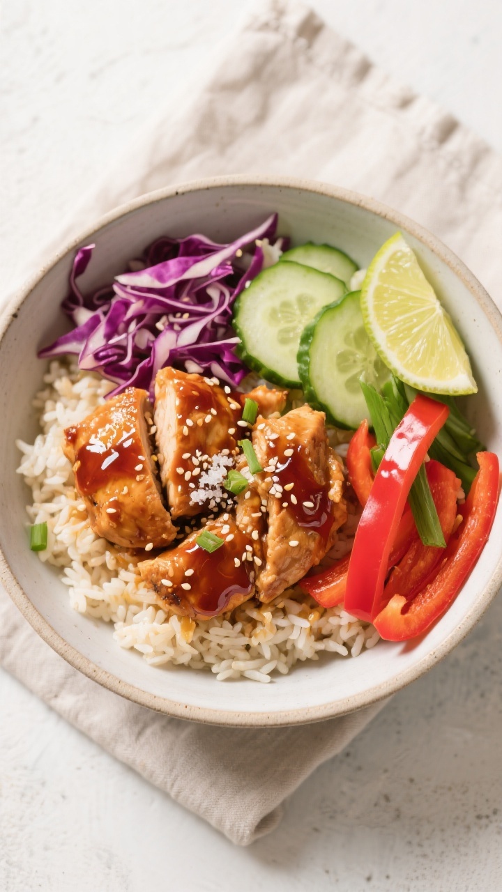 Tasty top view final bowl: Overhead shot of Hot Honey Chicken Bowl assembled on warm jasmine rice in