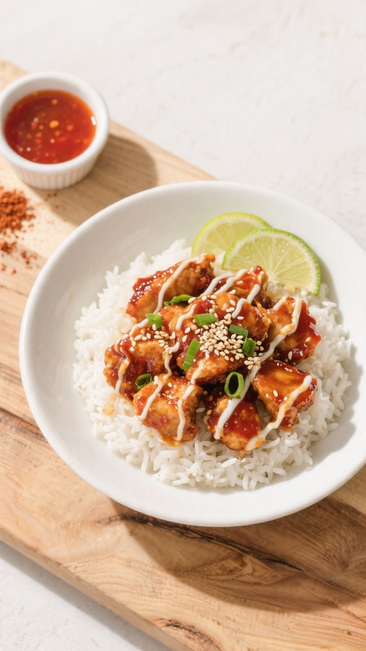 Tasty top view/final dish: Overhead shot of a bowl of sweet chili chicken bites over fluffy jasmine 