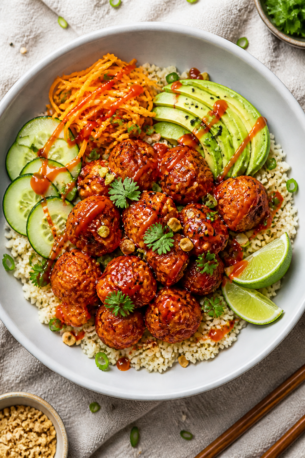 Tasty top view final dish: Overhead shot of Honey Sriracha Cauliflower Rice Bowl—fluffy cauliflowe
