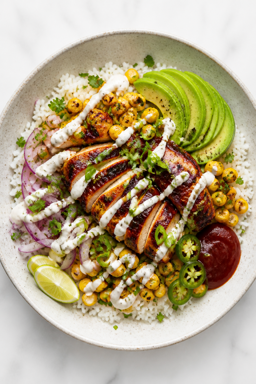Tasty top view (final dish): Overhead shot of Smoky BBQ Chicken & Corn Rice Bowls—fluffy white ric