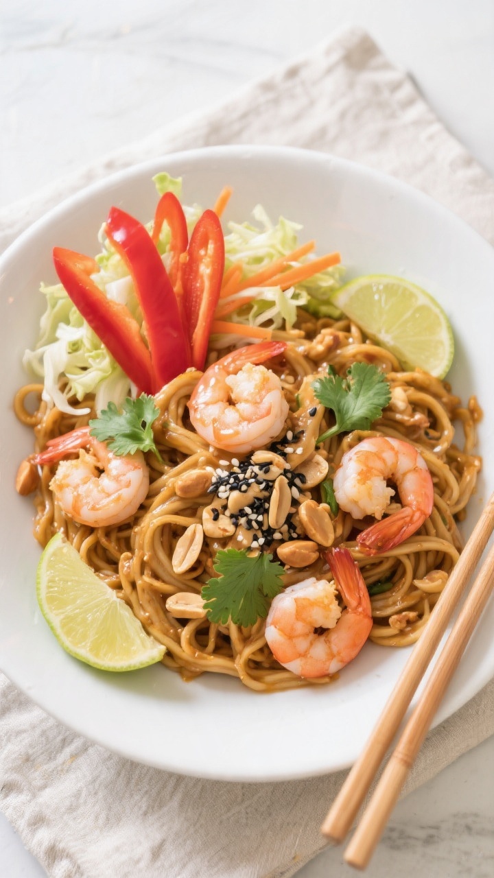 Tasty top view, final plated bowl: Overhead shot of Thai Peanut Shrimp Noodles neatly twirled in a w