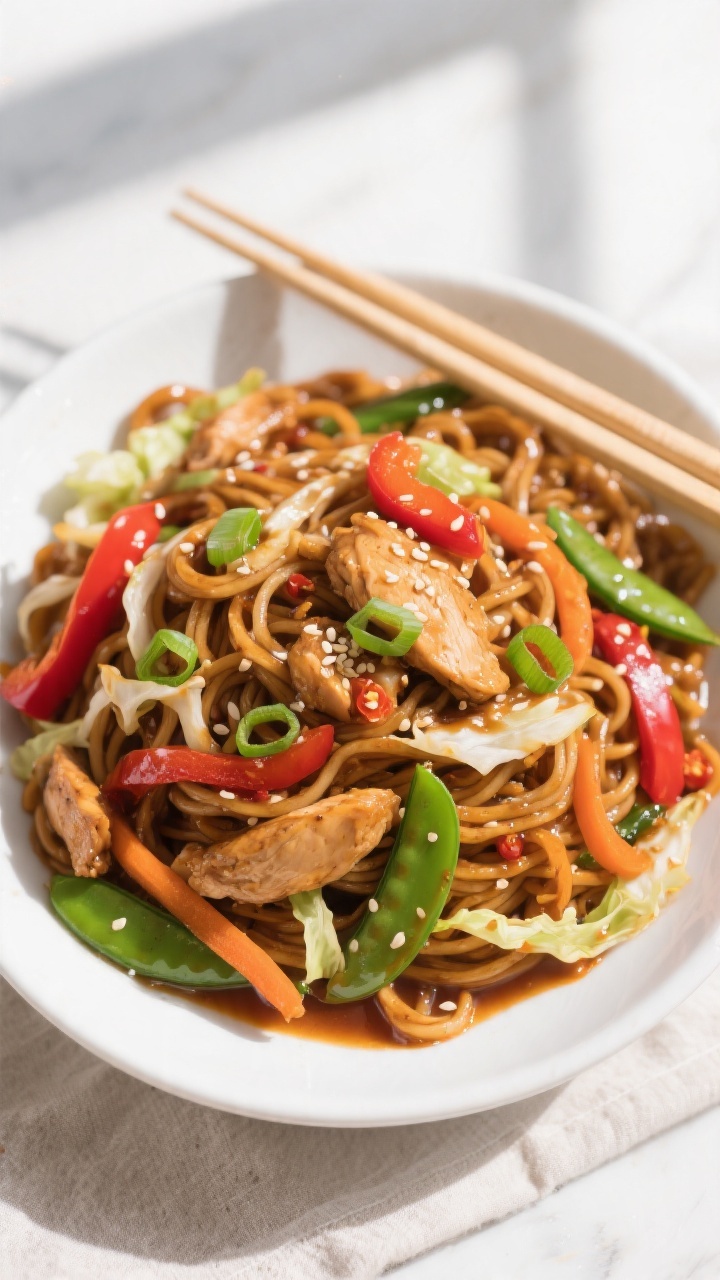 Tasty top view, final plated: Overhead shot of Chicken Lo Mein heaped in a wide, shallow white bowl,