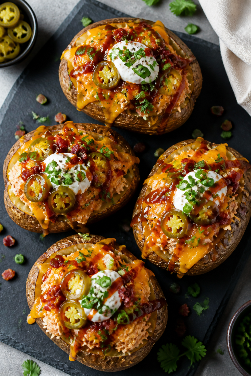 Tasty top view, final presentation: Overhead shot of fully loaded BBQ Chicken Baked Potatoes on a ma
