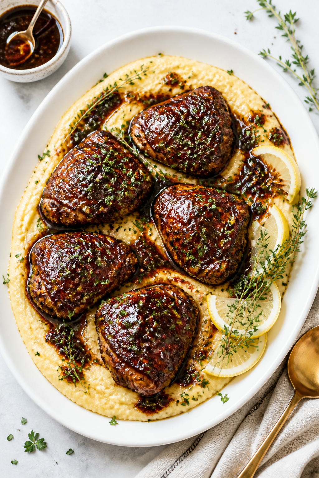 Tasty top view (final presentation): Overhead shot of balsamic glazed chicken thighs plated family-s