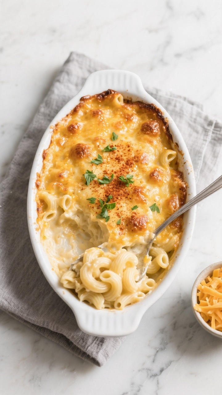 Tasty top view / final presentation: Overhead shot of a baked-style finish of healthy mac and cheese