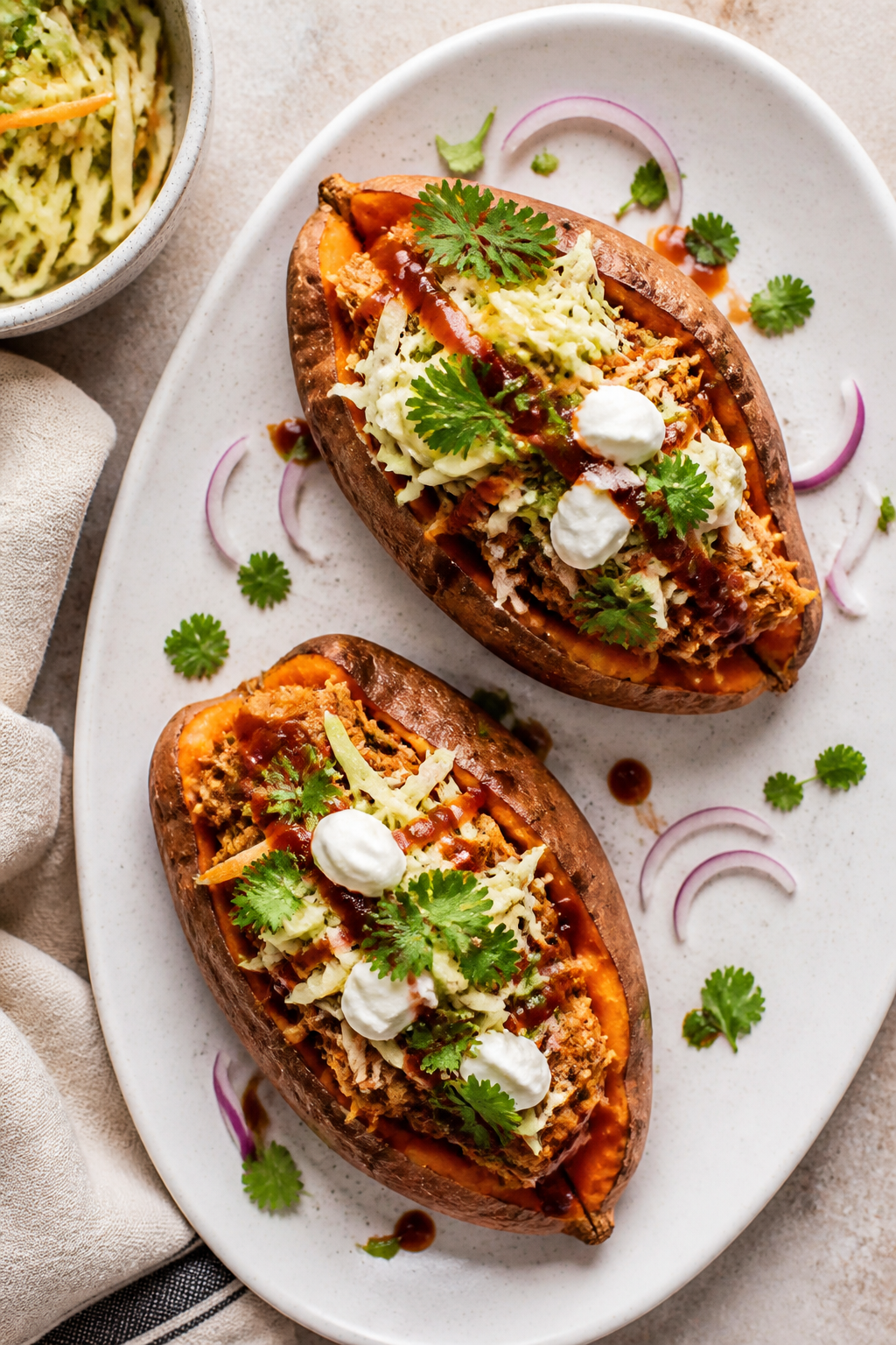 Tasty top view (final presentation): Overhead shot of two BBQ Chicken Stuffed Sweet Potatoes on a wh