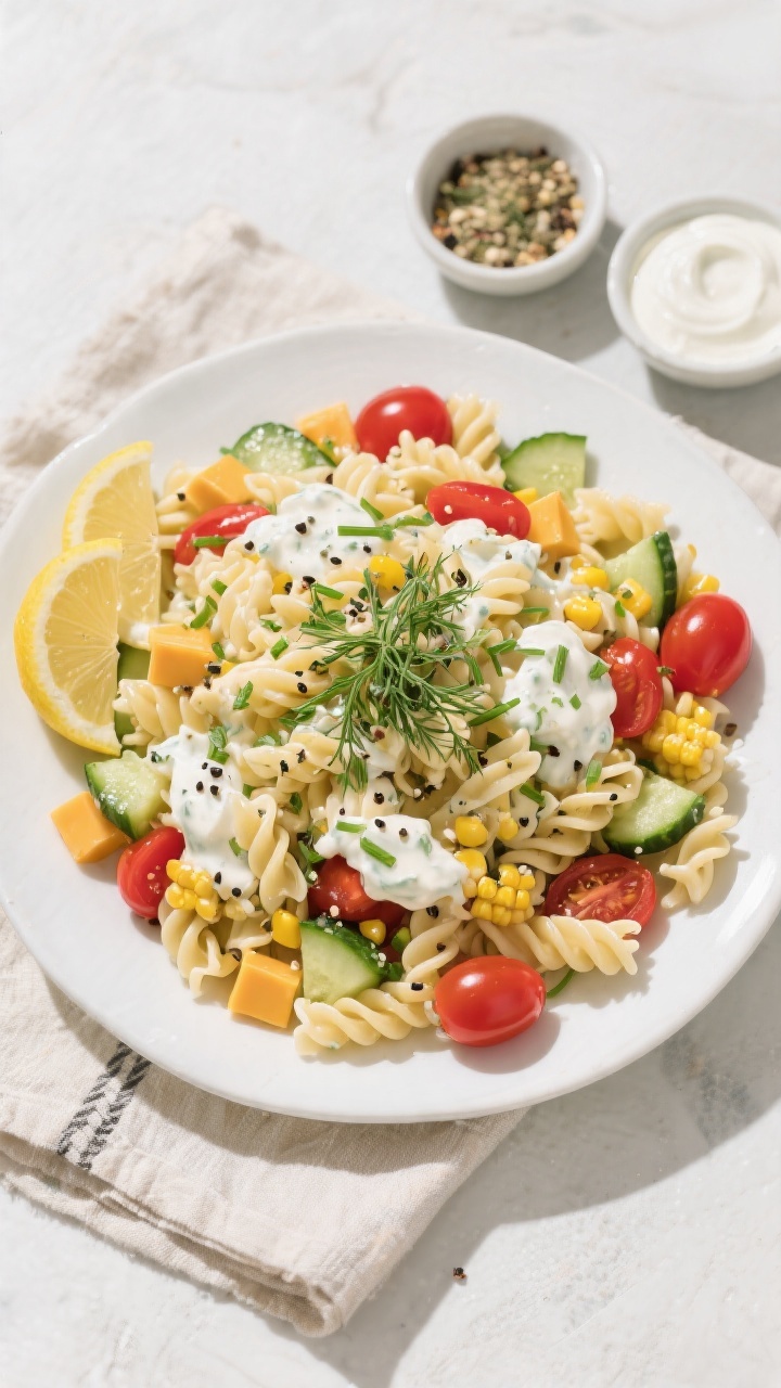 Tasty top-view final presentation: Overhead shot of Greek Yogurt Ranch Pasta Salad mounded in a wide