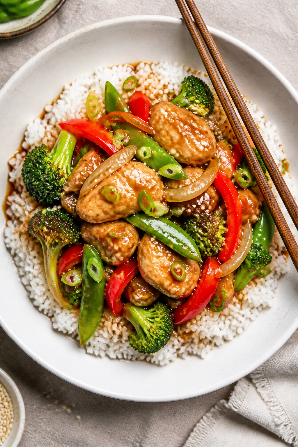 Tasty top view — Final stir fry over rice: Overhead shot of Easy Chicken Thigh Stir Fry served on 