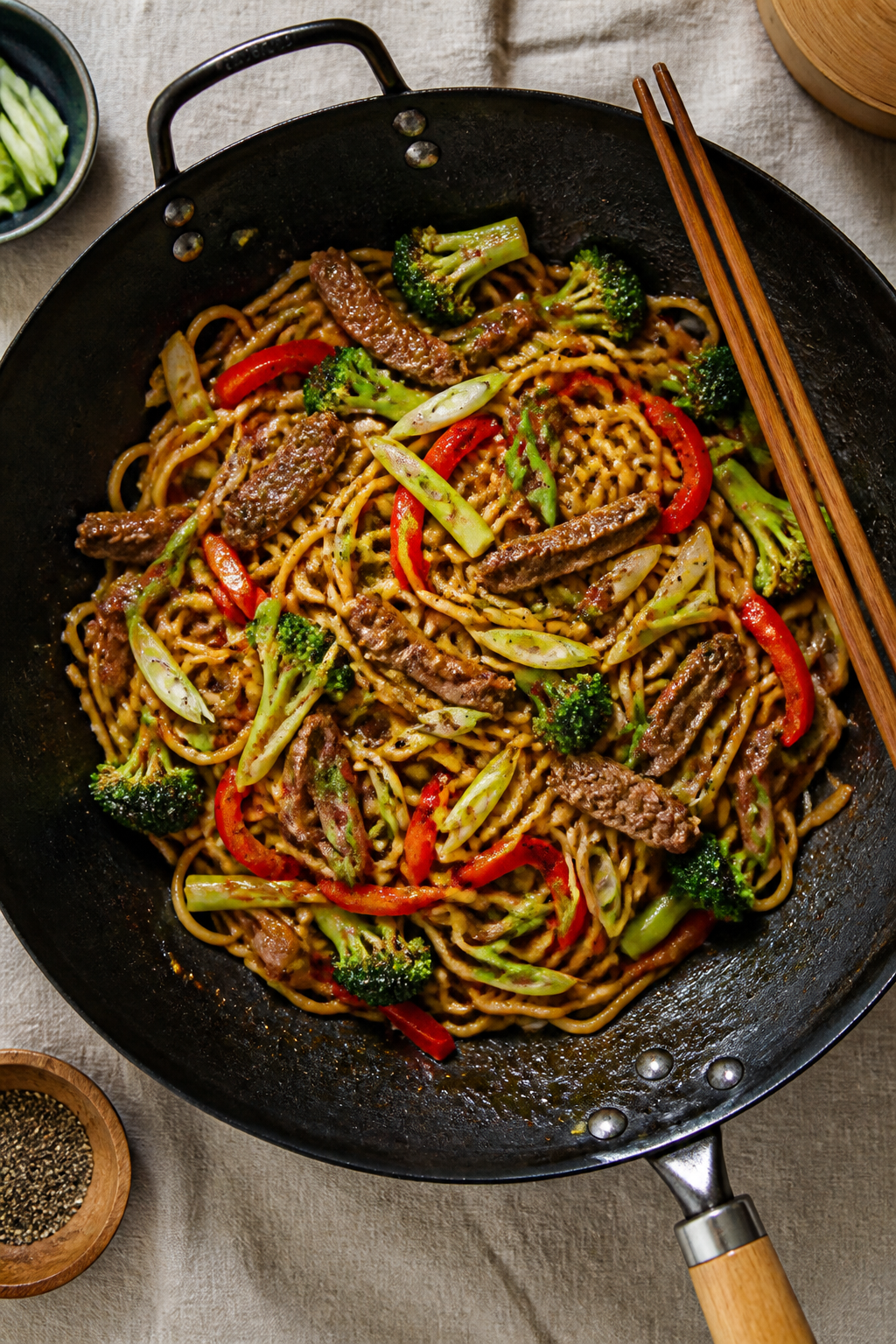 Tasty top view – Final toss in sauce: Overhead shot of black pepper beef stir fry noodles mid-toss