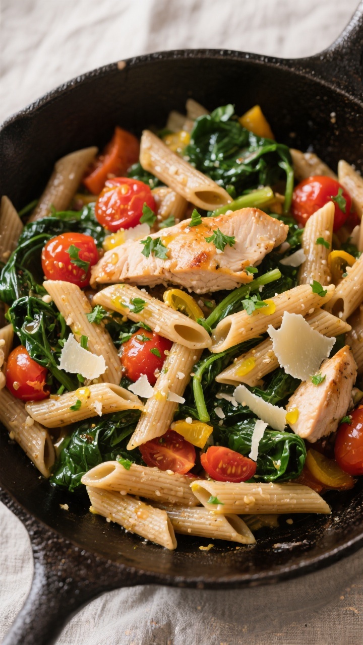 Tasty top view — Final toss in the pan: Overhead shot of whole-wheat penne tossed with seared chic