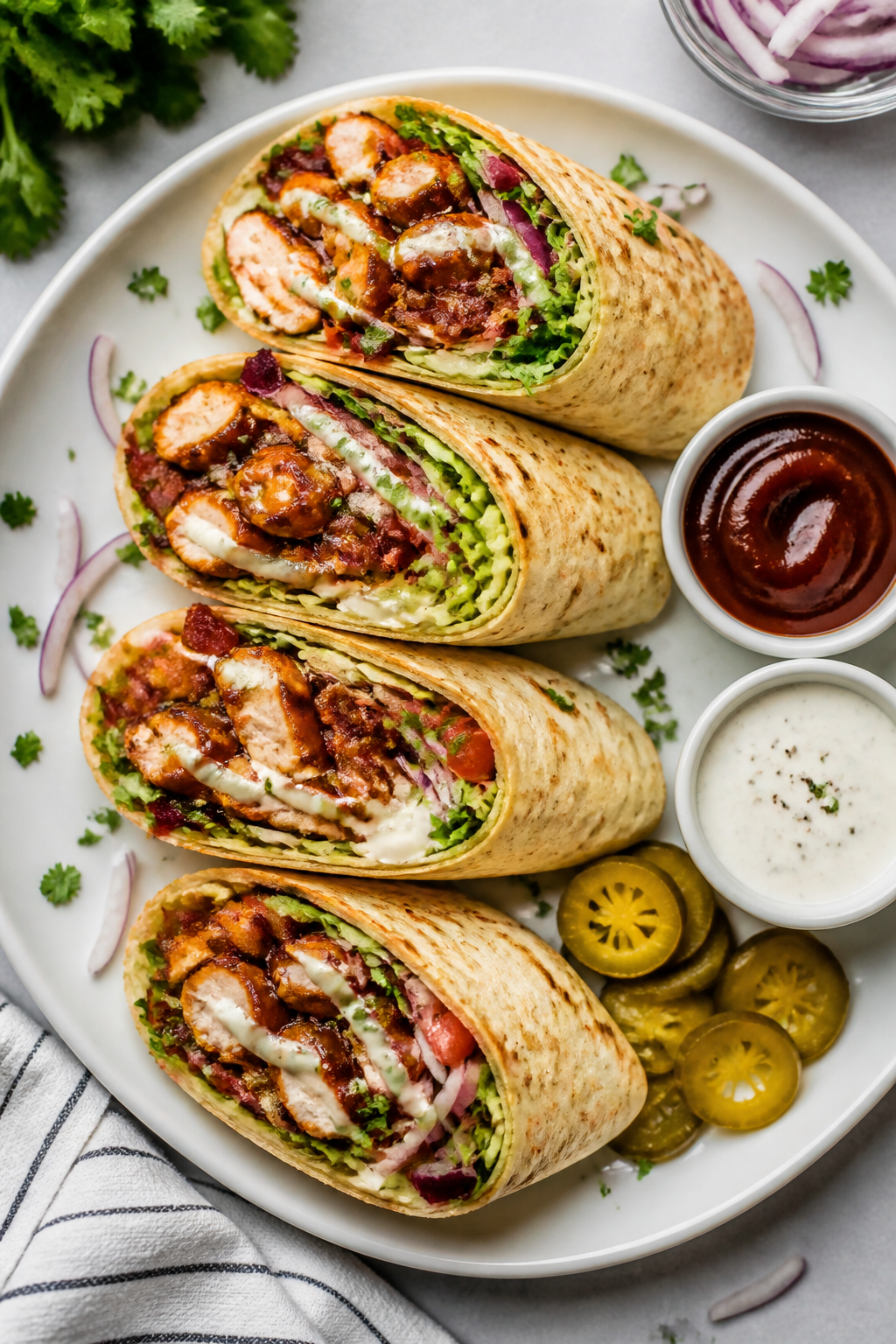 Tasty top view: Fully assembled BBQ Bacon Ranch Chicken Wraps halved and fanned on a white ceramic p