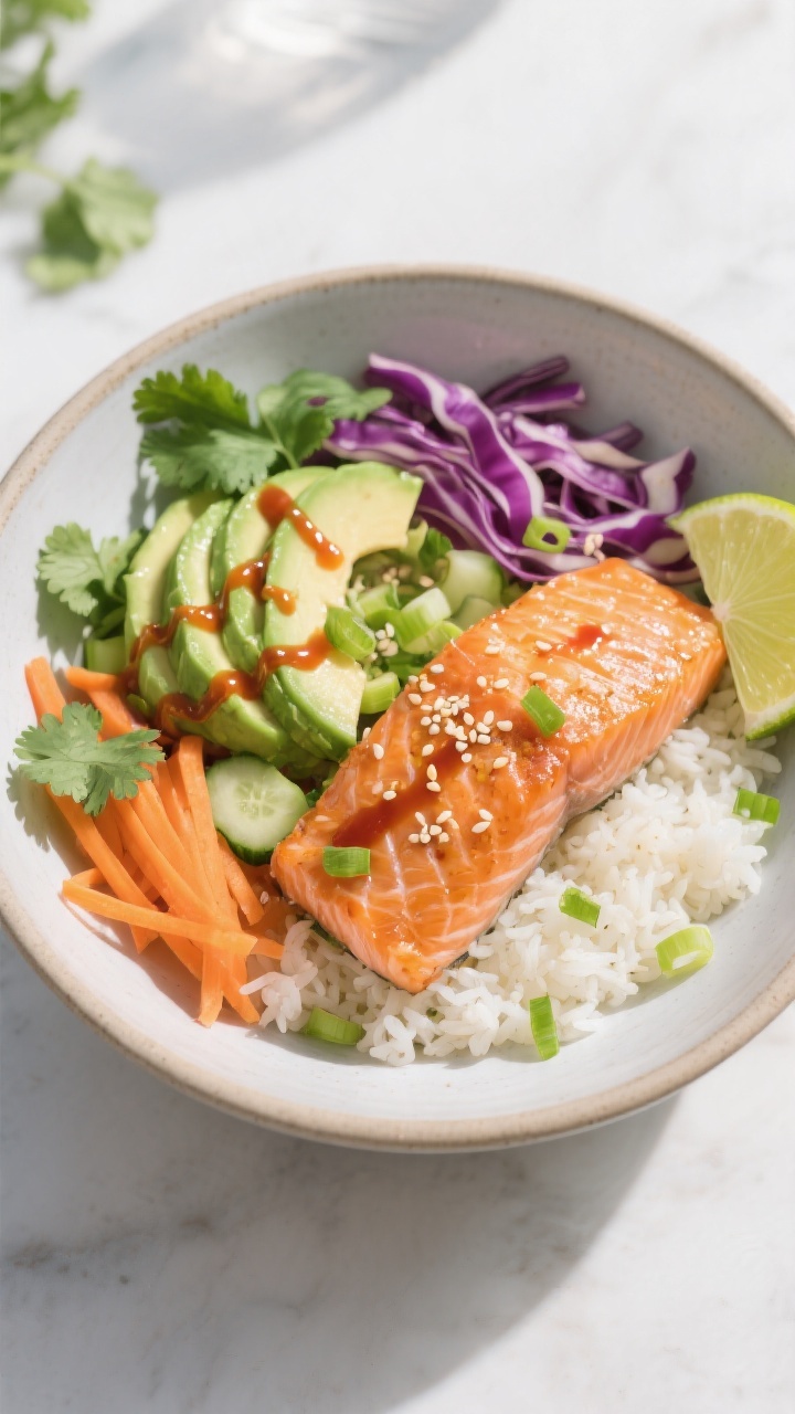 Tasty top view: Fully assembled Sweet Chili Salmon Bowl in a wide, matte ceramic bowl—fluffy jasmi