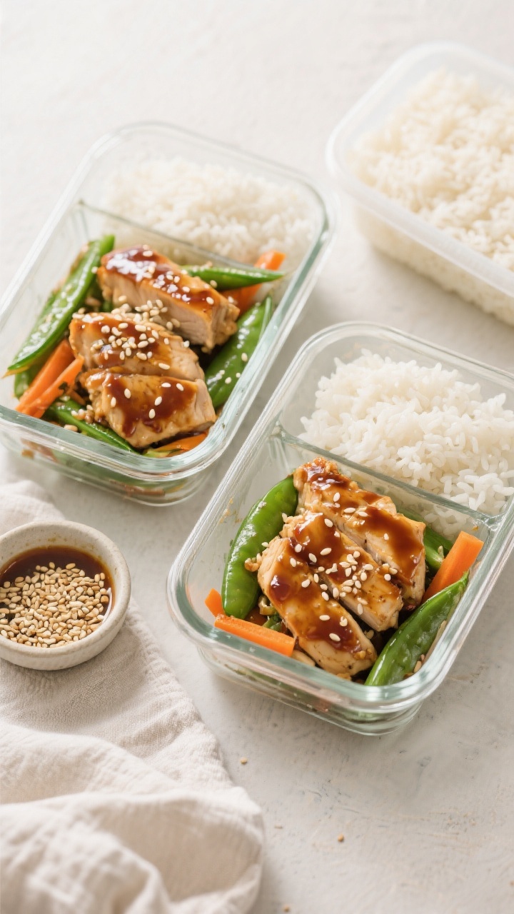 Tasty top-view meal prep/overhead: Overhead shot of neatly portioned Sesame Ginger Chicken with vegg