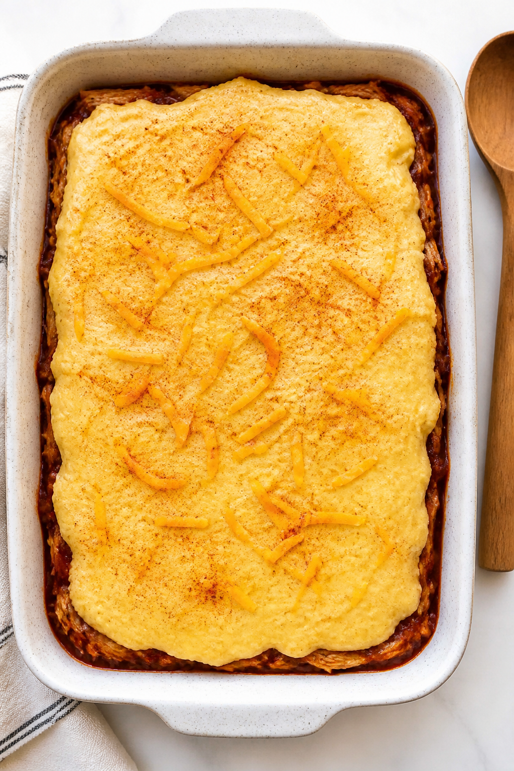 Tasty top view, mid-bake moment: Overhead shot of the casserole right after pouring the thick, cream