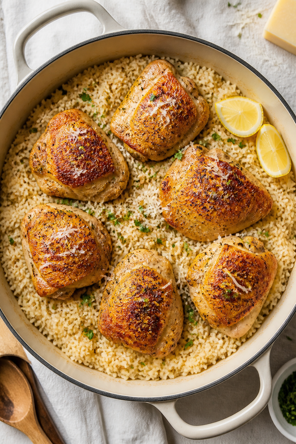 Tasty top view, one-pan final: Overhead shot of the finished Chicken Thighs with Garlic Parmesan Ric
