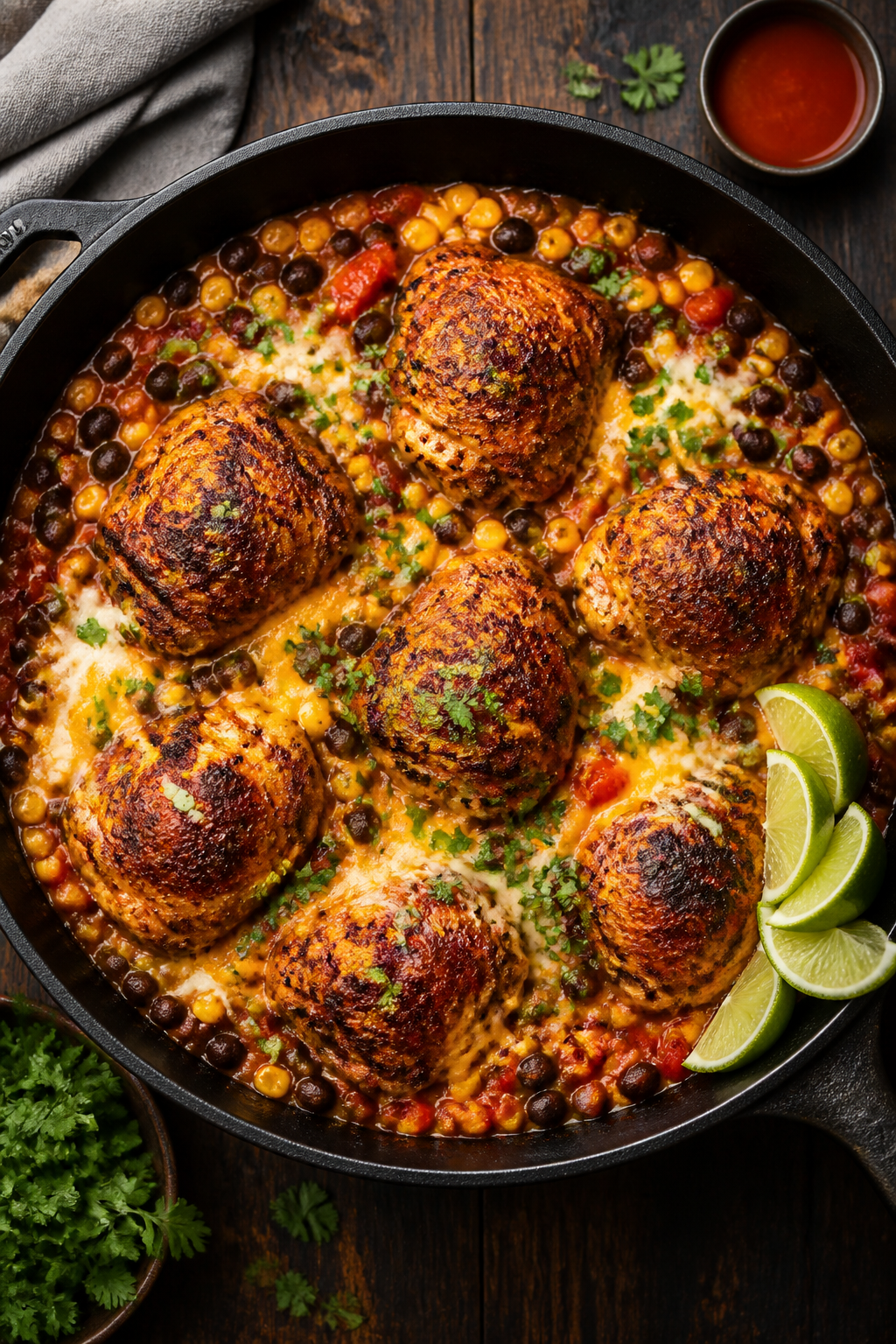 Tasty top view, one-pan finale: Overhead shot of the finished Easy Southwest Chicken Thigh Skillet,