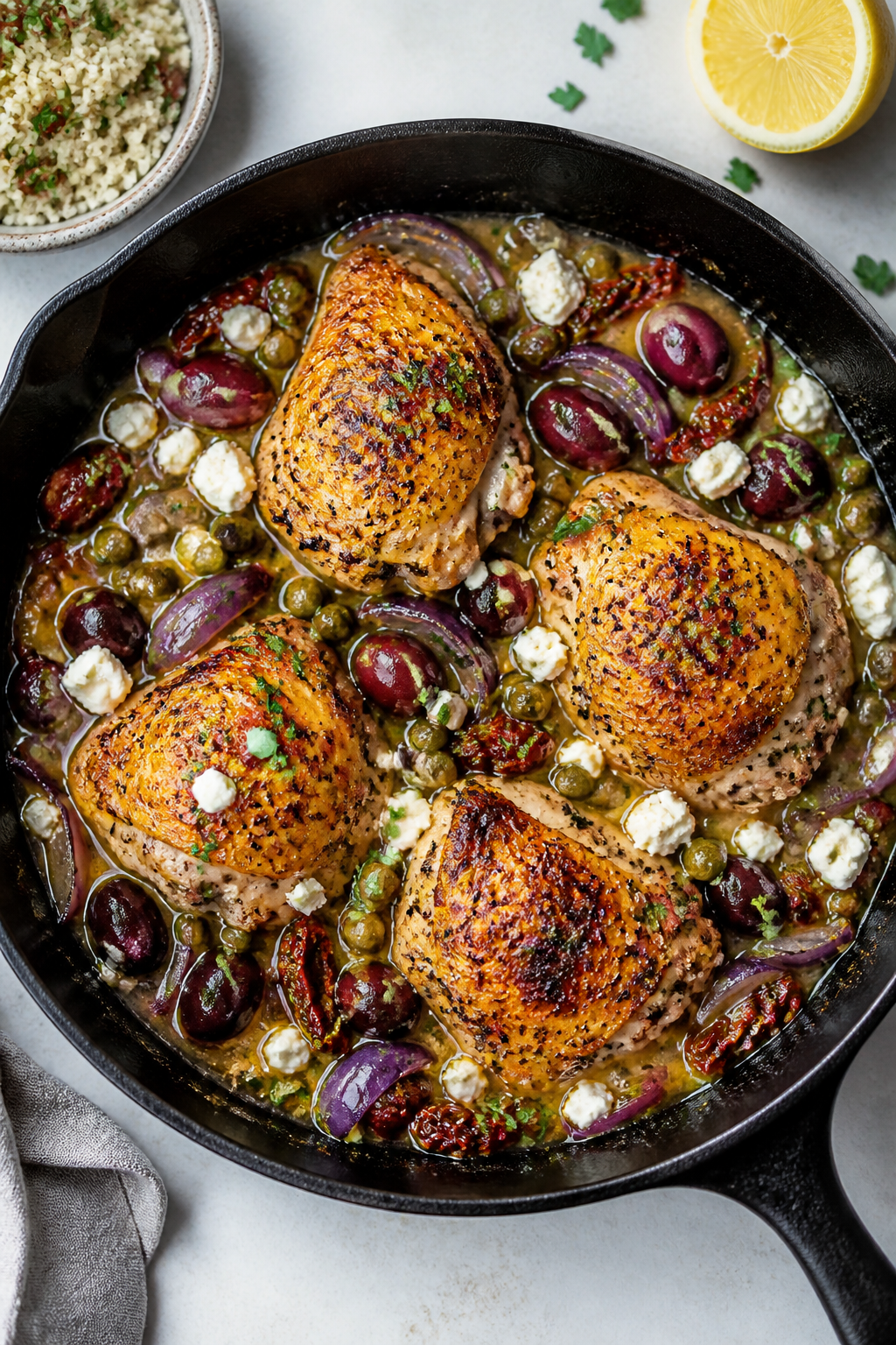Tasty top view, one-pan finish: Overhead shot of Mediterranean chicken thighs just out of the oven i
