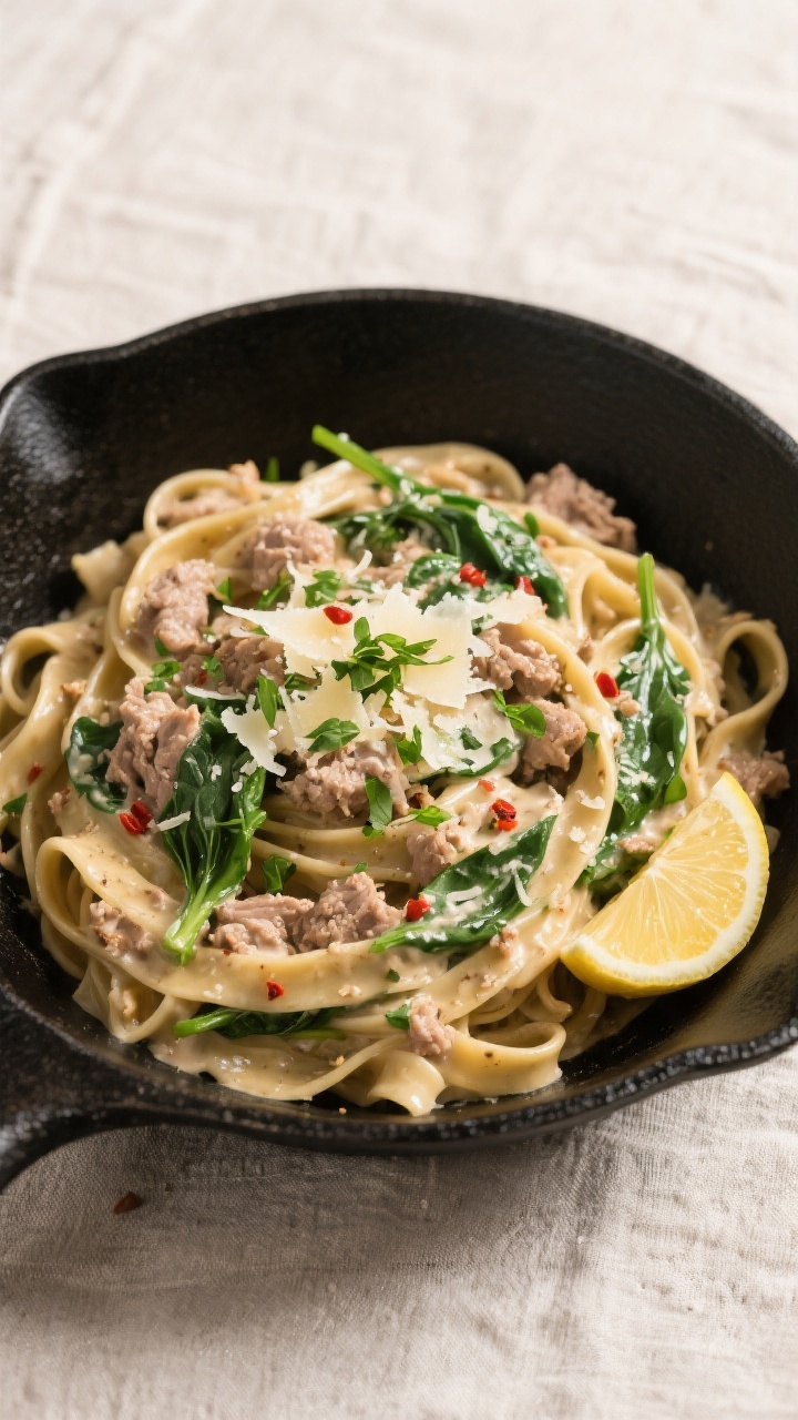 Tasty top view, one-pan finish: Overhead shot of whole wheat fettuccine tossed in creamy ground turk