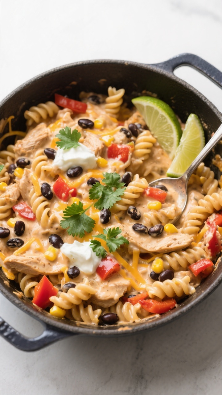 Tasty top view, one-pot moment: Overhead shot of the finished creamy chicken taco pasta in the pot,