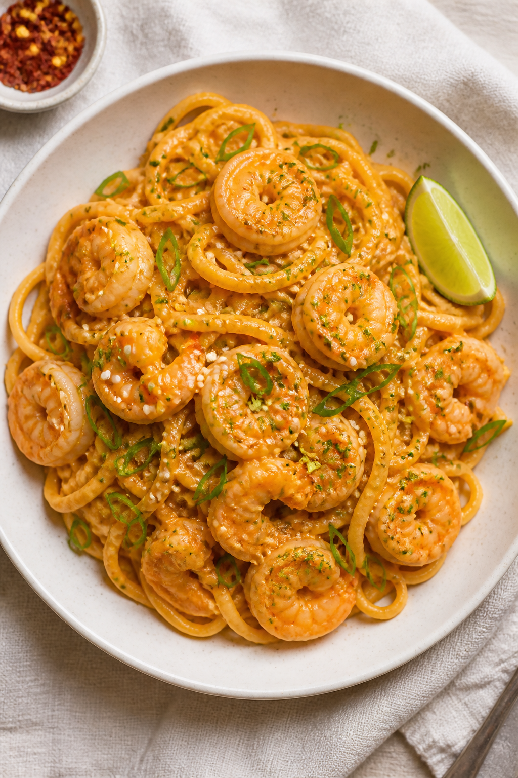 Tasty top view, overhead: Bang Bang Shrimp Pasta tossed in silky, tangy-orange sauce coating linguin