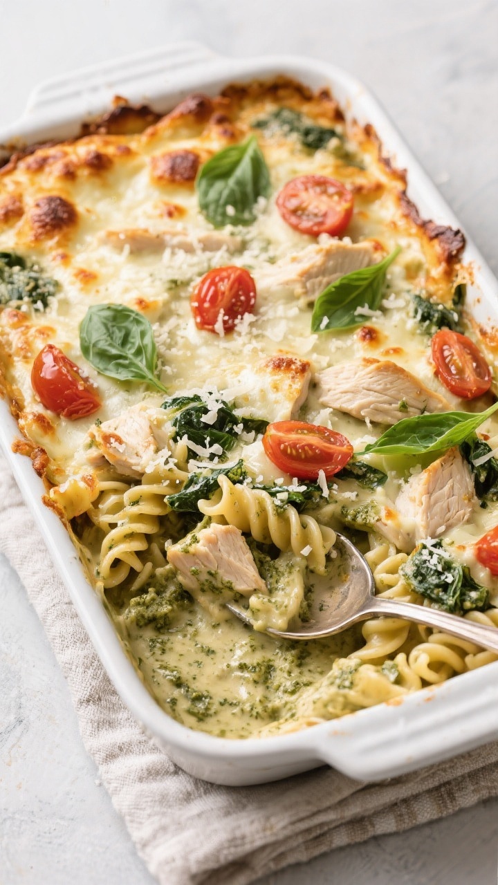 Tasty top view, overhead casserole: Overhead shot of a just-baked Creamy Pesto Chicken Pasta Bake in