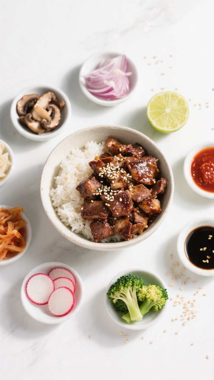 Tasty top view, overhead composition: Overhead shot of a build-your-own bulgogi bowl spread—centra