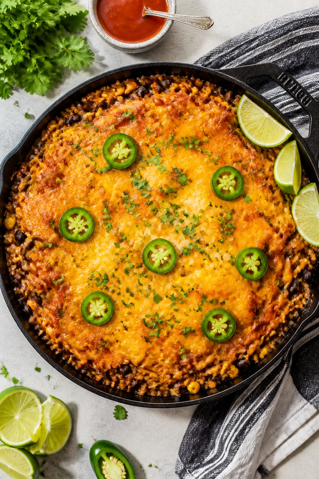 Tasty top view, overhead: Freshly baked Easy Mexican Cauliflower Rice Casserole in a skillet, top-do