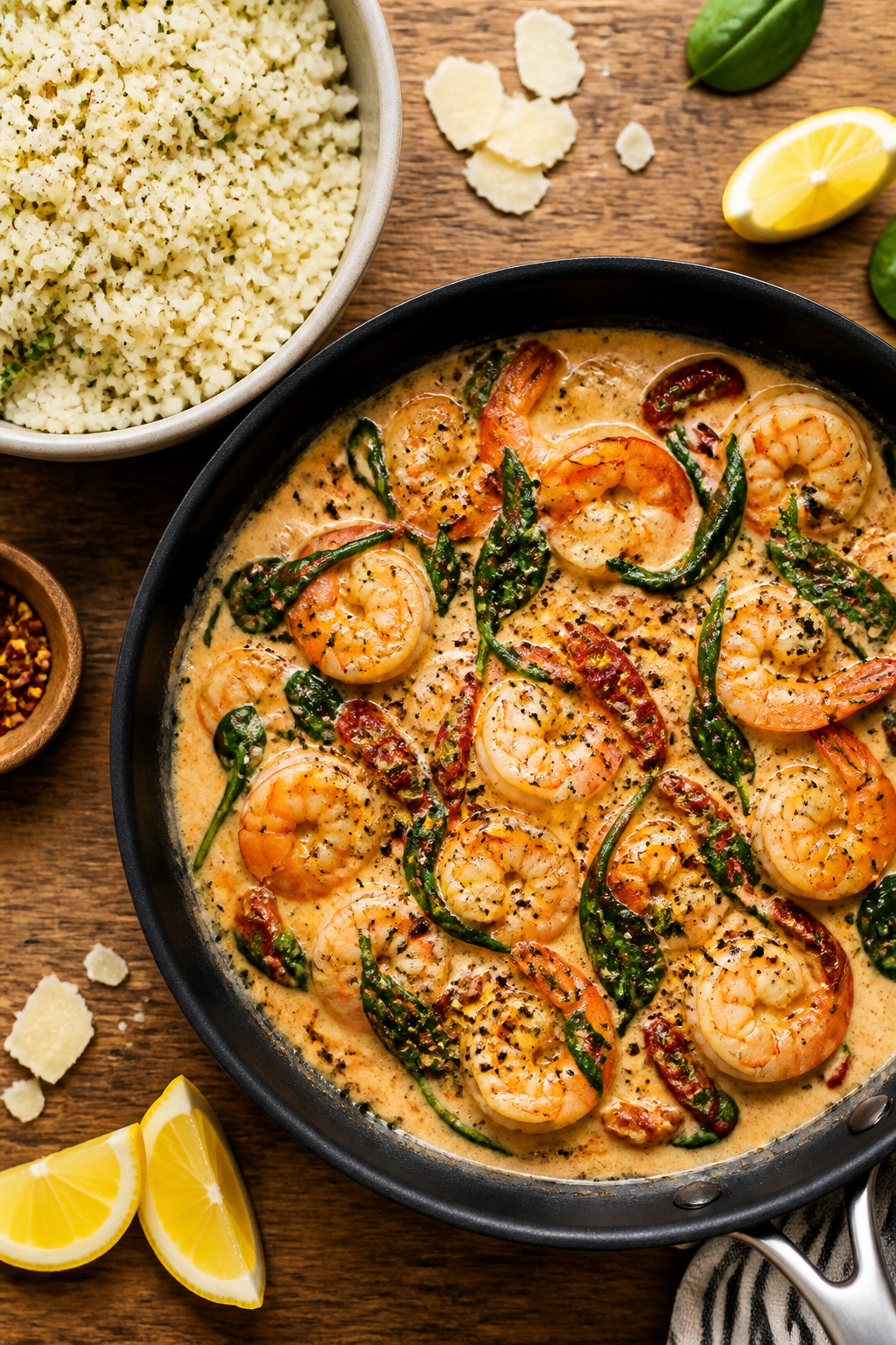 Tasty top view, overhead hero shot: Overhead shot of a skillet filled with creamy Tuscan shrimp—sa