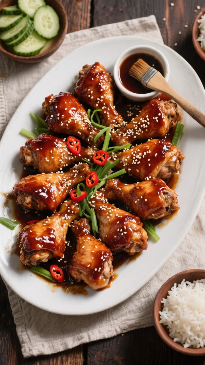 Tasty top view (overhead): Overhead shot of a family-style serving platter of Sweet Soy Glazed Chick